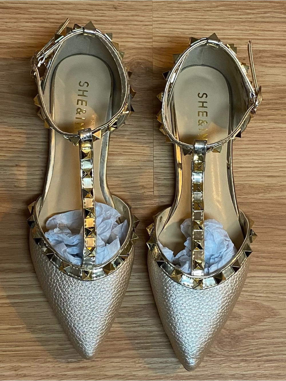 Brand New - SHEIN Gold Studded T-Strap Pointed Flats